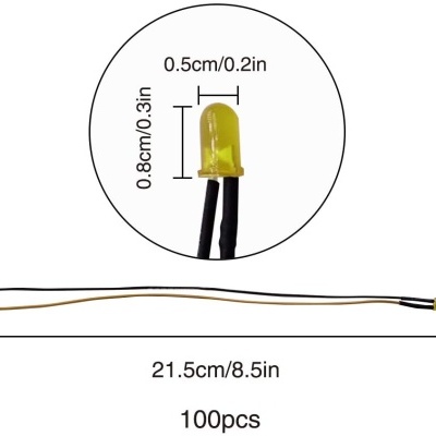 LED amarelo com cabos pretos e medidas indicadas