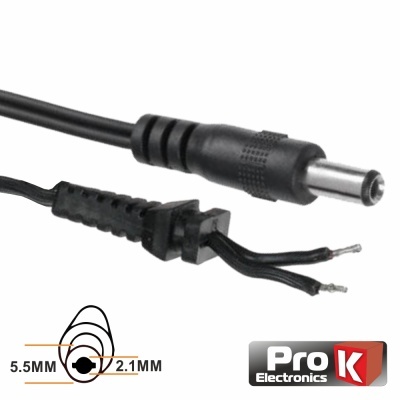 Cabo preto conector 5.5MM x 2.1MM e fios desencapados, fundo branco, logo Pro K Electronics