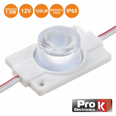 Módulo LED branco com lente texturizada e fios, informações técnicas em círculos laranja