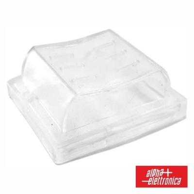 Peça transparente de plástico quadrada com linhas onduladas e logótipo alpha elettronica