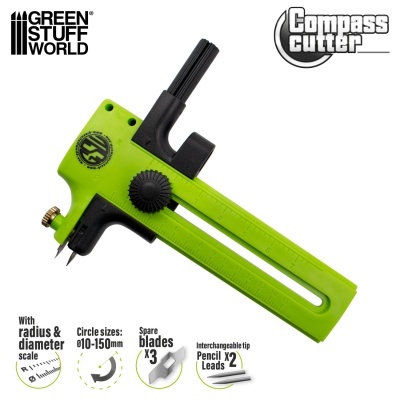 Ferramenta compass cutter verde e preta com escala de raio e diâmetro