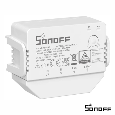 Módulo Sonoff MINI R3 branco com especificações técnicas e símbolos impressos na lateral