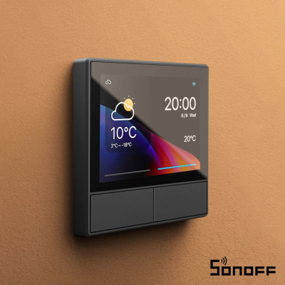 Termostato digital Sonoff de parede com ecrã a cores mostrando temperatura e hora