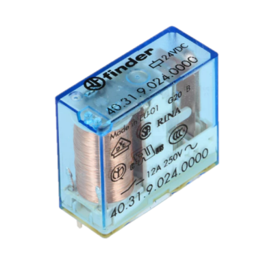 Relé elétrico Finder com caixa transparente azul e bobina de cobre