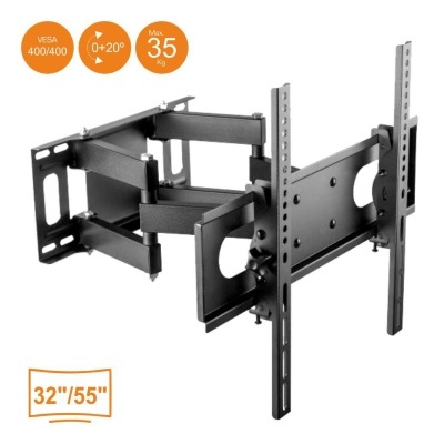 Suporte de parede para TV preto, ajustável, com especificações de peso e tamanho