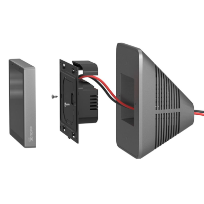 Dispositivo eletrônico desmontado cinza com texto Sonoff e cabos vermelhos e pretos