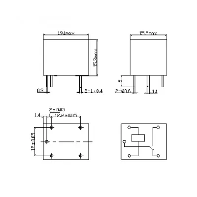 Desenho técnico de componente eletrónico com dimensões e esquema de circuito