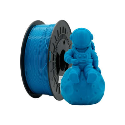 Rolo de filamento 3D azul com figura de astronauta azul em bola craterada