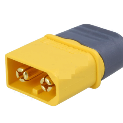 Conector elétrico amarelo e preto com pinos dourados