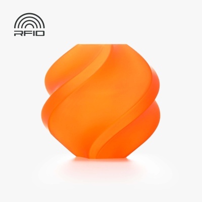 Objecto laranja translúcido espiralado com texto RFID preto no fundo branco.