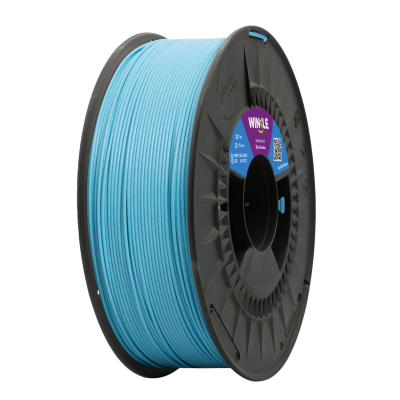 Rolo de filamento para impressora 3D azul claro em carretel preto com etiqueta WINKLE
