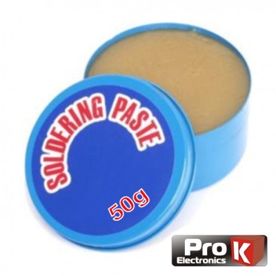 Lata azul de pasta de soldar com tampa destacada, texto SOLDERING PASTE 50g