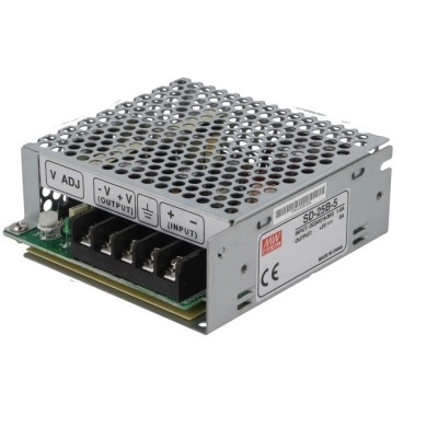 Fonte de alimentação metálica com grelha perfurada e conectores marcados