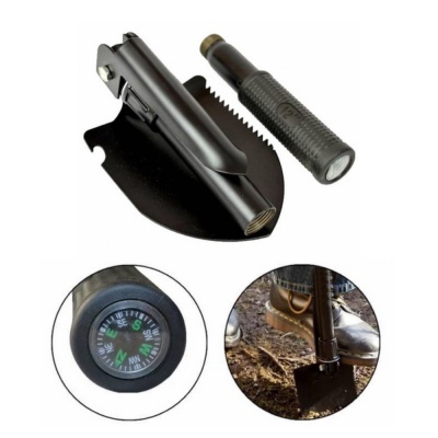 Ferramenta preta multifuncional com pá, serra e bússola