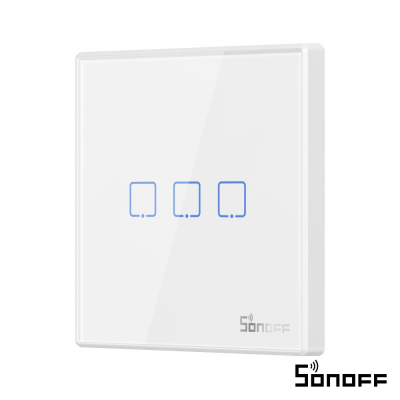Interruptor táctil branco com três ícones azuis e logo Sonoff