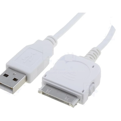 Cabo USB branco com conector USB e conector de 30 pinos.