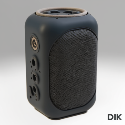 Coluna portátil preta com grelha cinza escuro e detalhe em madeira