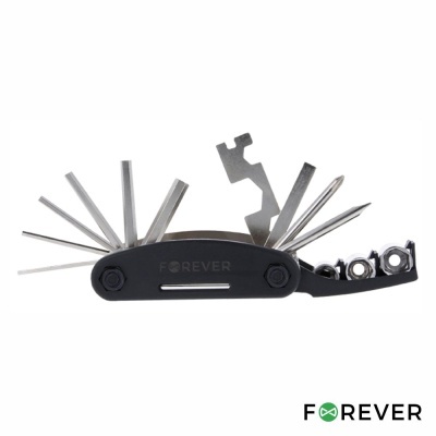 Multi-ferramenta preta com várias chaves de fenda e instrumentos metálicos