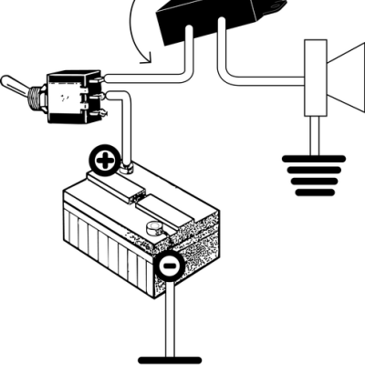 Diagrama de circuito elétrico com bateria, interruptor, componente eletrônico e ligações à terra