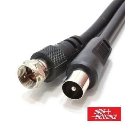 Cabo coaxial preto com conectores de metal e logótipo alpha elettronica em fundo branco