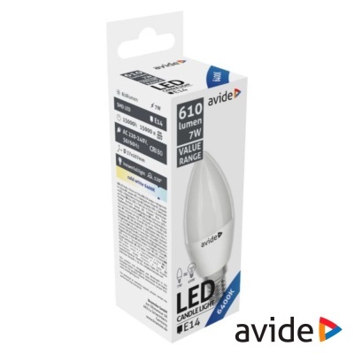 Lâmpada LED formato vela branca na embalagem da marca avide com especificações técnicas