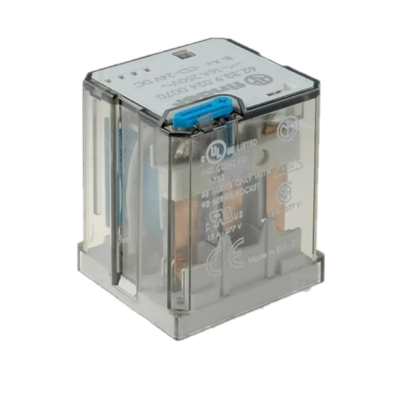 Relé elétrico transparente com base cinza e texto técnico no topo