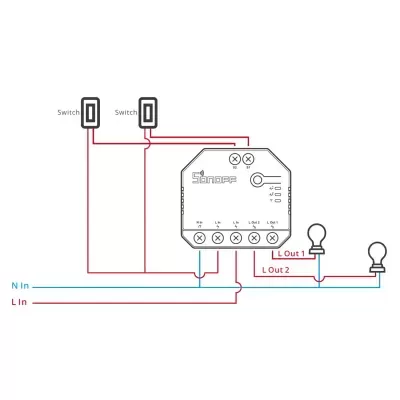 Diagrama elétrico de módulo Sonoff com interruptores e lâmpadas ligado por fios vermelho e azul