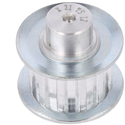 Polia metálica prateada com gravações no topo