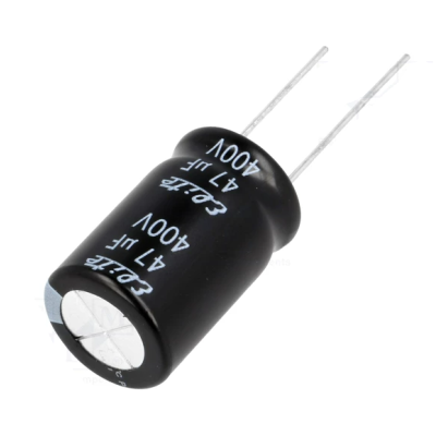 Condensador eletrolítico preto 47 µF 400V com terminais metálicos