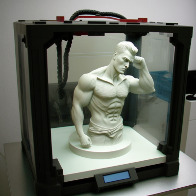 Impressora 3D preta e vermelha imprimindo estátua branca de homem musculoso e pensativo