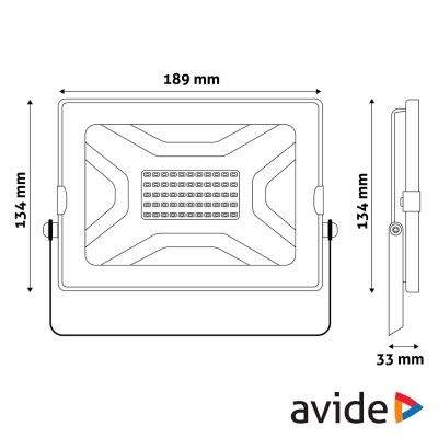 Desenho técnico de projetor LED retangular Avide com dimensões
