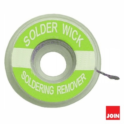 Rolo de fio metálico para dessoldagem com etiqueta verde e texto branco