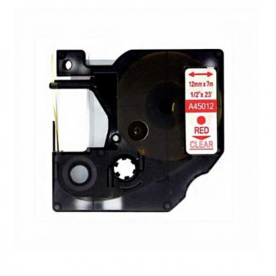 Rolo de fita para rotuladora preta com etiqueta branca e texto vermelho e preto