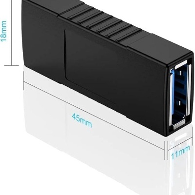 Extensão USB preta com conetor USB-A fêmea azul e dimensões indicadas