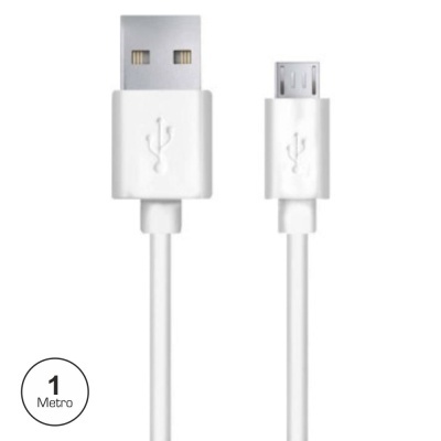 Cabo USB branco com conectores USB tipo A e micro USB, texto 1 Metro