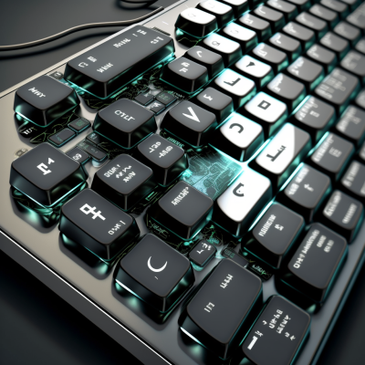 Teclado mecânico iluminado com teclas pretas e brancas e símbolos especiais