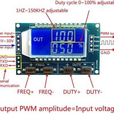 Placa eletrónica com monitor LCD azul e texto explicativo em vermelho