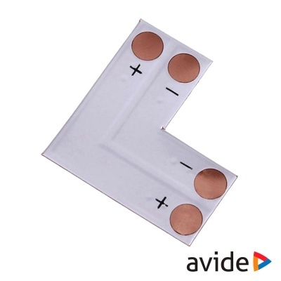 Conector em L para tiras LED branco com contactos de cobre e logótipo avide