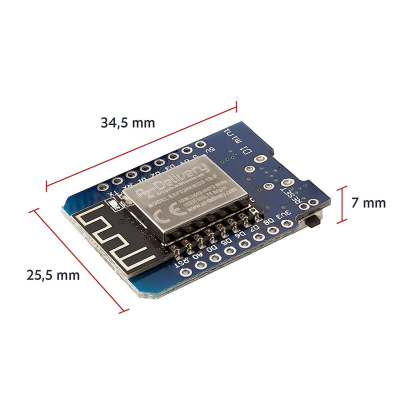 Placa eletrónica azul com módulo ESP32-WROOM-32D e dimensões indicadas