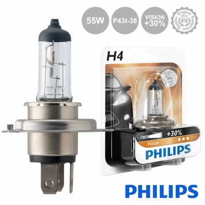 Lâmpada automóvel Philips H4 55W numa embalagem plástica com informação sobre visão +30%