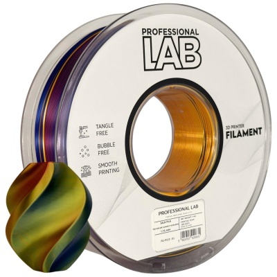Rolo de filamento dourado para impressora 3D PROFESSIONAL LAB com objeto impresso colorido