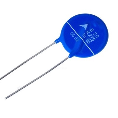 Varistor azul com texto branco e dois terminais metálicos
