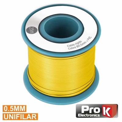 Rolo de cabo rígido amarelo 25m com isolamento PVC Ø0,5mm em bobina azul, marca Pro K Electronics