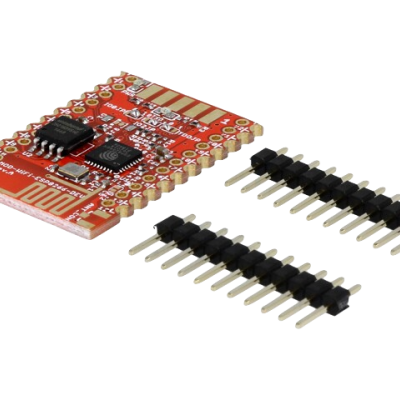 Placa eletrónica vermelha com componentes e dois conjuntos de pinos dourados.