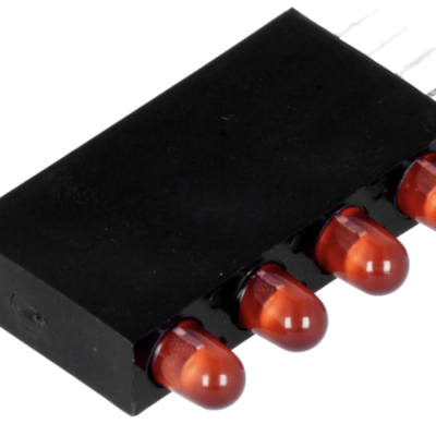 Componente eletrónico preto com quatro LEDs vermelhos