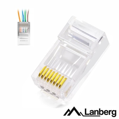 Conector RJ45 transparente com oito pinos dourados e fios coloridos