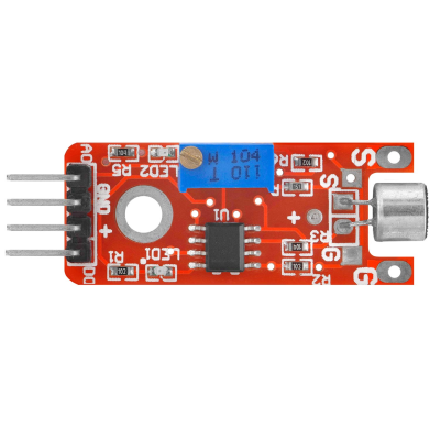 Módulo sensor eletrônico vermelho com componentes e conector de três pinos