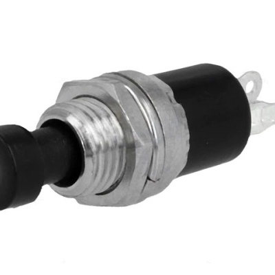 Botão interruptor preto e metal com base cilíndrica e conectores metálicos