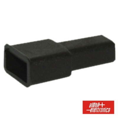 Conector elétrico preto retangular em plástico com logotipo alpha elettronica.