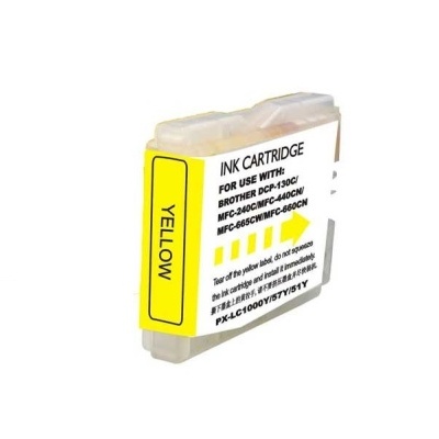 Cartucho de tinta amarelo para impressora Brother com etiqueta amarela e texto preto.